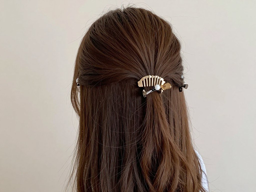 Woman with a half up half down hairstyle adorned with decorative hair accessories showing how simple clips or pins can elevate the look Woman with a half up half down hairstyle adorned with decorative hair accessories showing how simple clips or pins can elevate the look