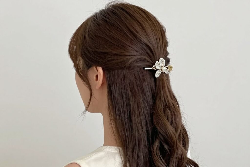 Woman with a half up half down hairstyle featuring a decorative hair accessory