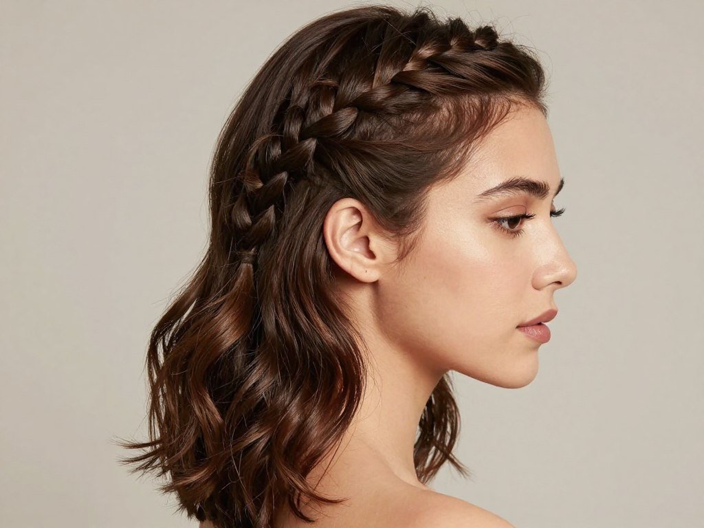 Woman with a half up half down hairstyle featuring a fishtail braid accent Woman with a half up half down hairstyle featuring a fishtail braid accent