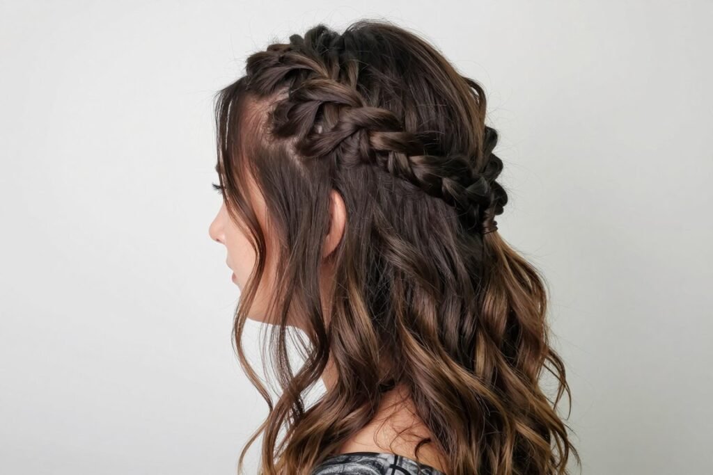 Woman with a half up half down hairstyle featuring twisted sections