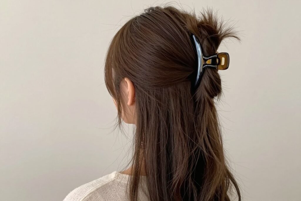 Woman with a half up half down hairstyle secured with a claw clip