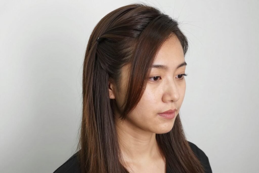 Woman with a half up half down hairstyle with a deep side part