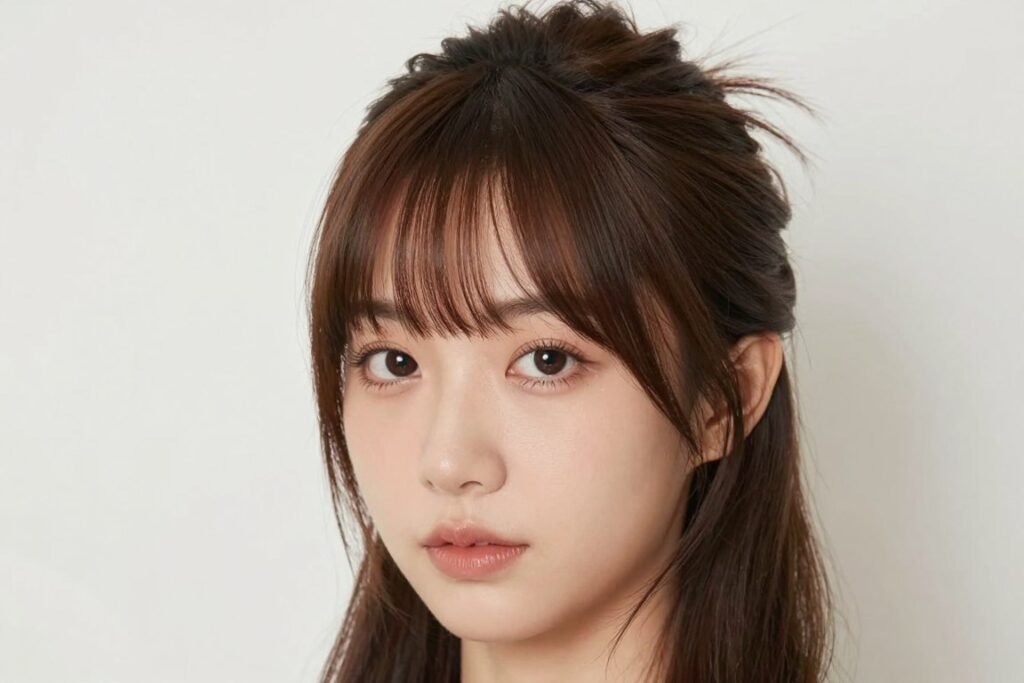 Woman with a half up half down hairstyle with face-framing pieces left out