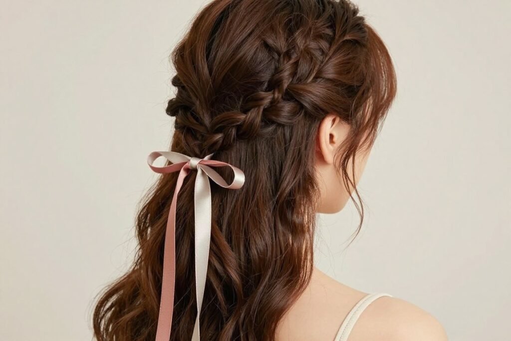Woman with a half up ribbon braid hairstyle