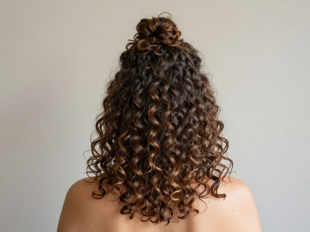 Woman with a half-up top knot featuring curly hair cascading down Woman with a half-up top knot featuring curly hair cascading down