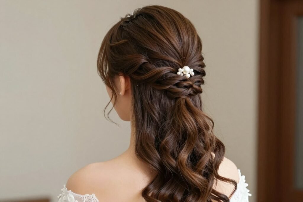 Woman with a half up twisted chignon hairstyle for weddings