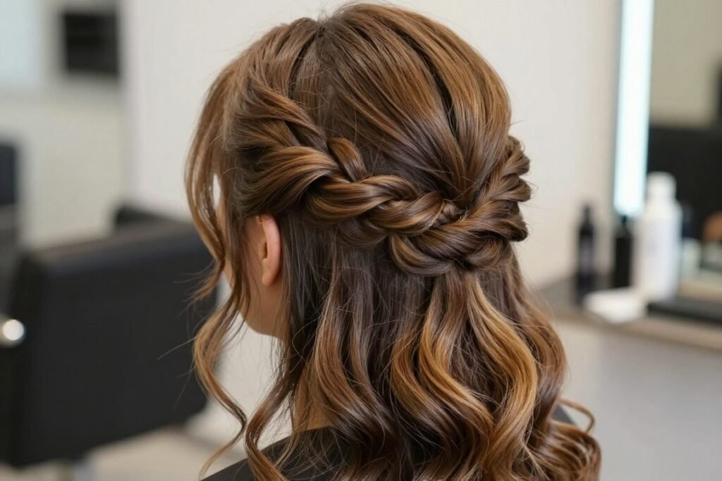 Woman with a half up twisted crown hairstyle