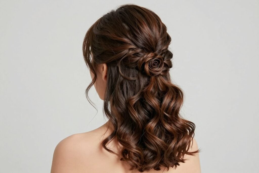 Woman with a half up twisted rosette hairstyle for formal events