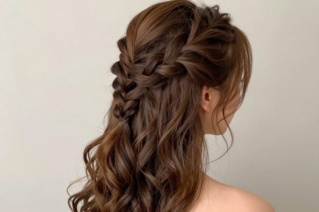 Woman with a half up waterfall braid hairstyle