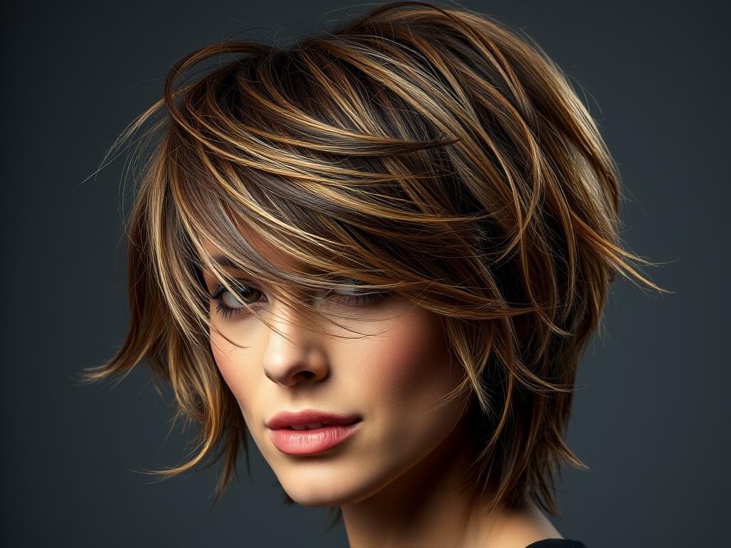 Woman with a heavily layered shag haircut with lots of texture Woman with a heavily layered shag haircut with lots of texture