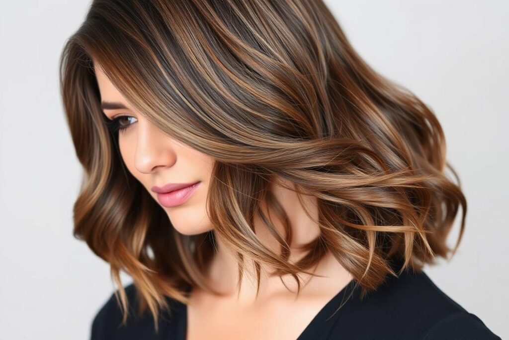 Woman with a layered lob cute medium length haircut styled with a deep side part and subtle waves