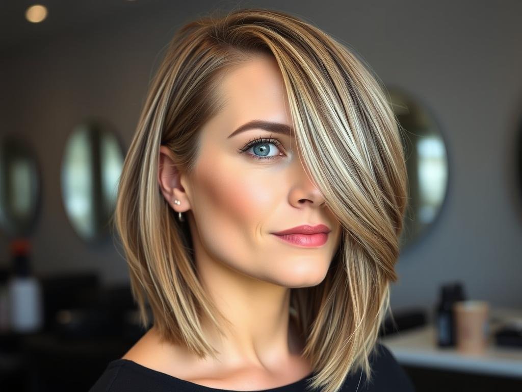 Woman with a layered lob haircut and deep side part