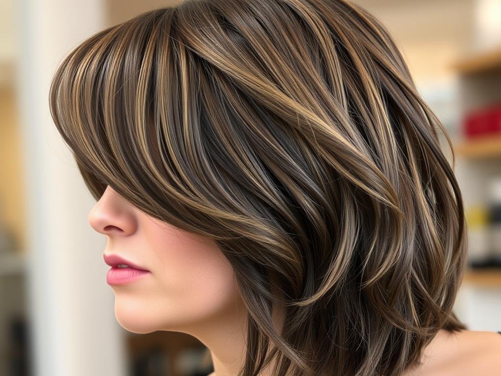 Woman with a medium-length shag haircut and curtain bangs