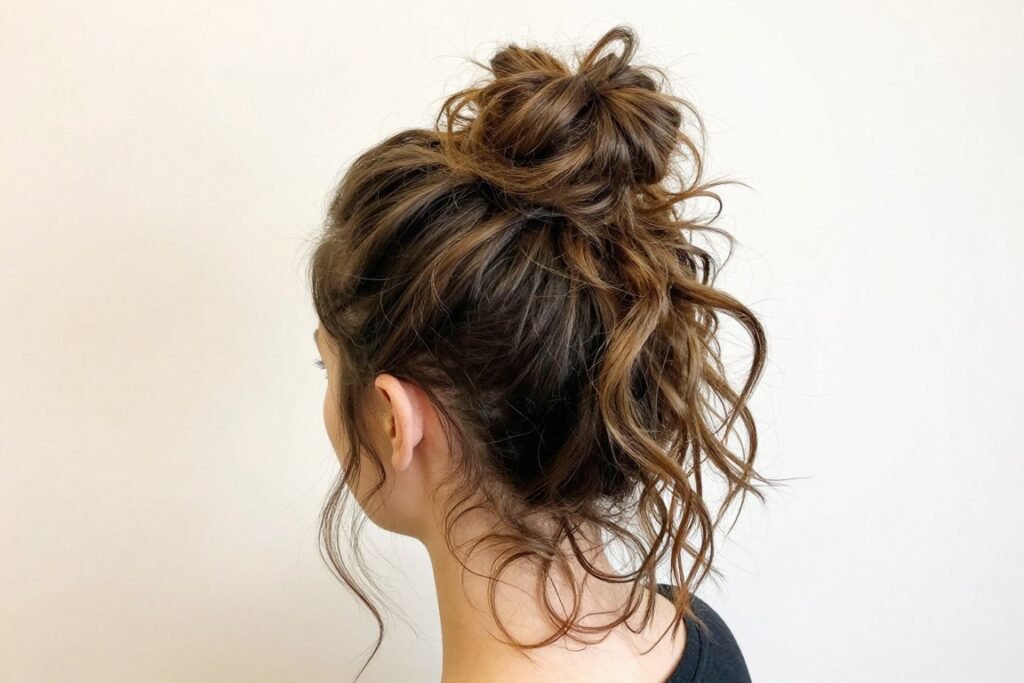 Woman with a messy half up bun hairstyle