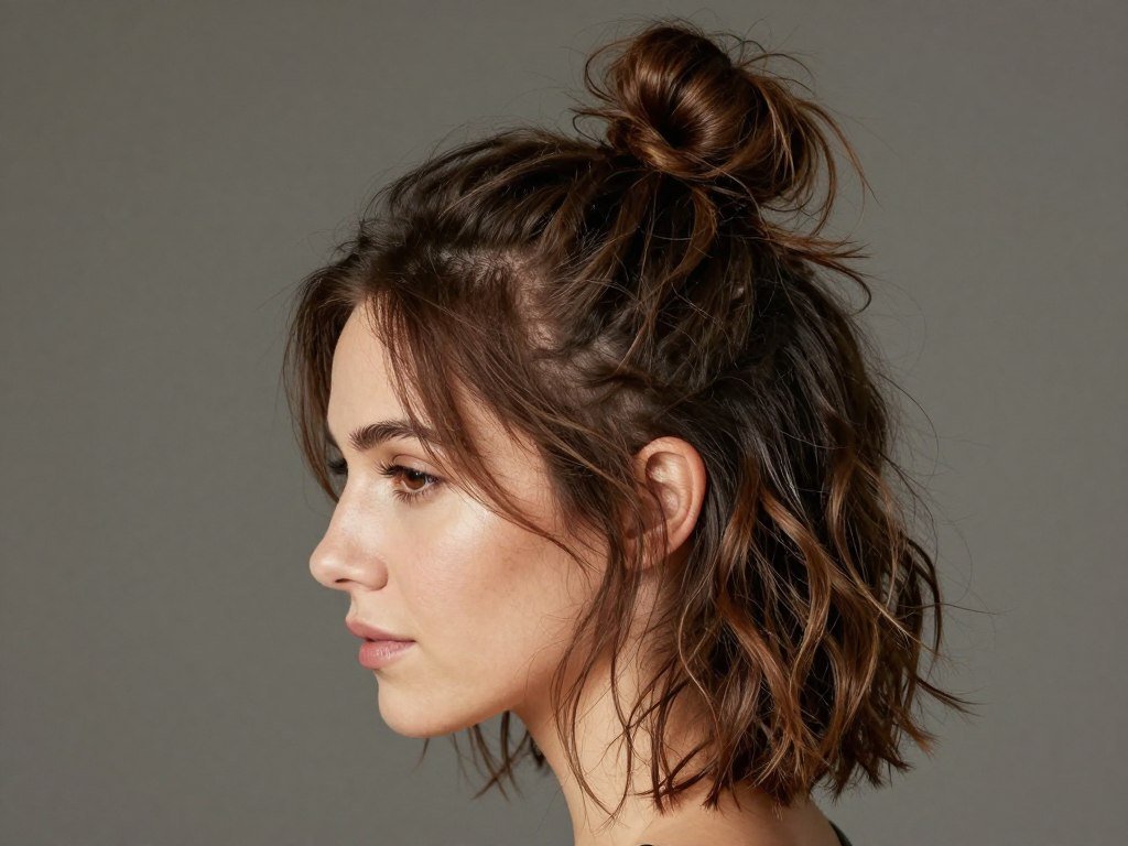 Woman with a messy half up half down bun showing textured, tousled style with the top half in a loose bun Woman with a messy half up half down bun showing textured, tousled style with the top half in a loose bun