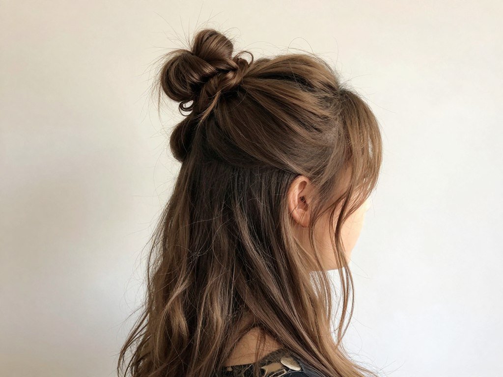 Woman with a messy half up half down bun showing the relaxed, effortless style perfect for casual days Woman with a messy half up half down bun showing the relaxed, effortless style perfect for casual days