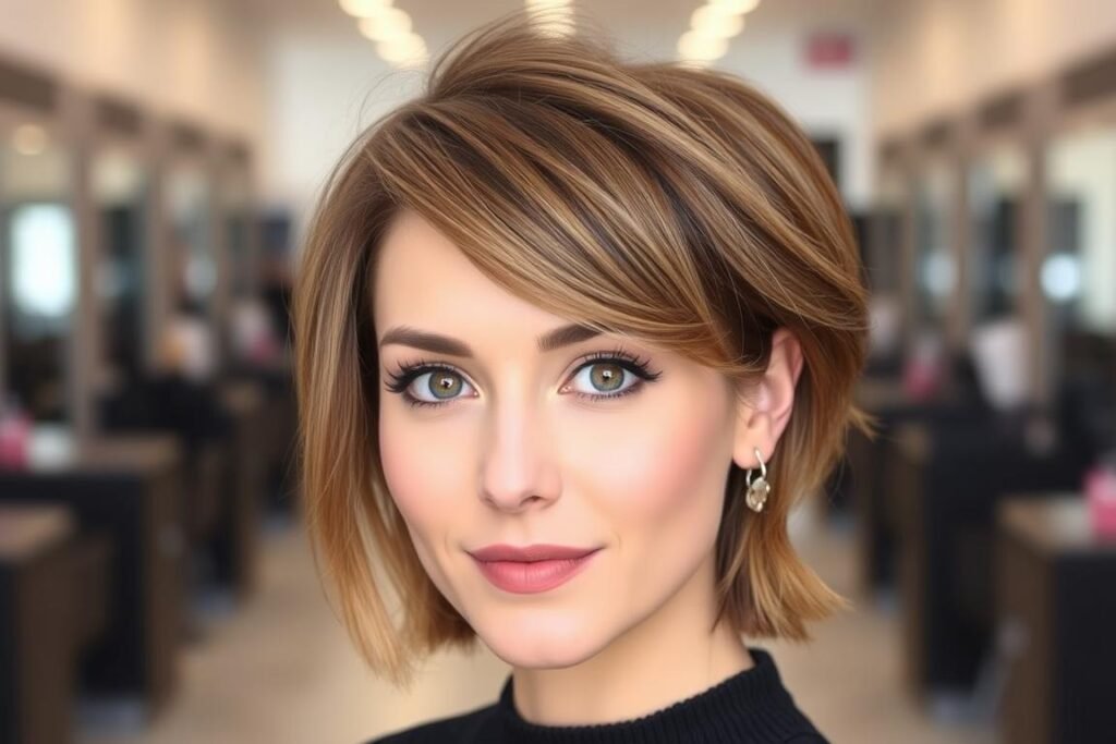 Woman with a side-parted medium haircut showing flattering elements for round faces