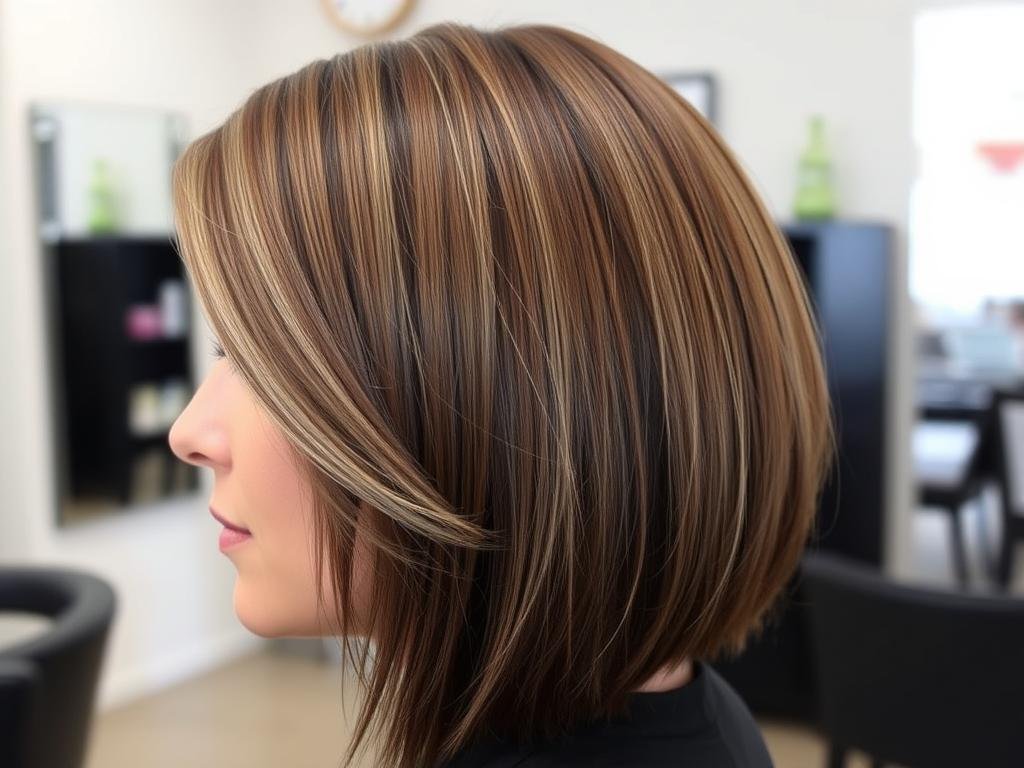 Woman with a side-swept angled bob haircut