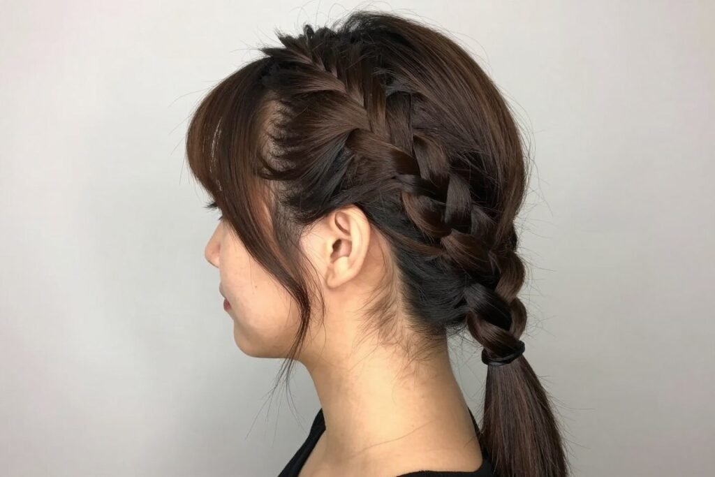 Woman with a side-swept half up braid showing the asymmetrical style with a deep side part Woman with a side-swept half up braid showing the asymmetrical style with a deep side part
