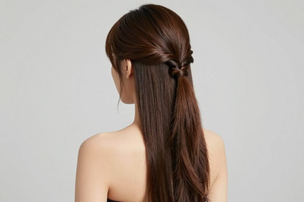Woman with a simple half up half down ponytail hairstyle