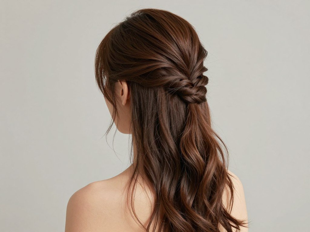 Woman with a simple twisted half-up half-down hairstyle showing elegant twist at the back of head Woman with a simple twisted half-up half-down hairstyle showing elegant twist at the back of head