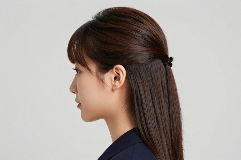 Woman with a sleek professional half up half down hairstyle