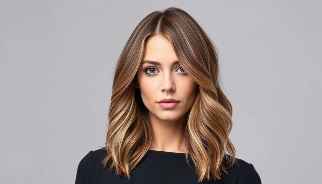 Woman with a stunning medium length haircut with layers styled in loose waves
