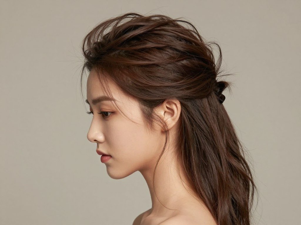 Woman with a teased crown half-up half-down hairstyle showing volume at the crown Woman with a teased crown half-up half-down hairstyle showing volume at the crown