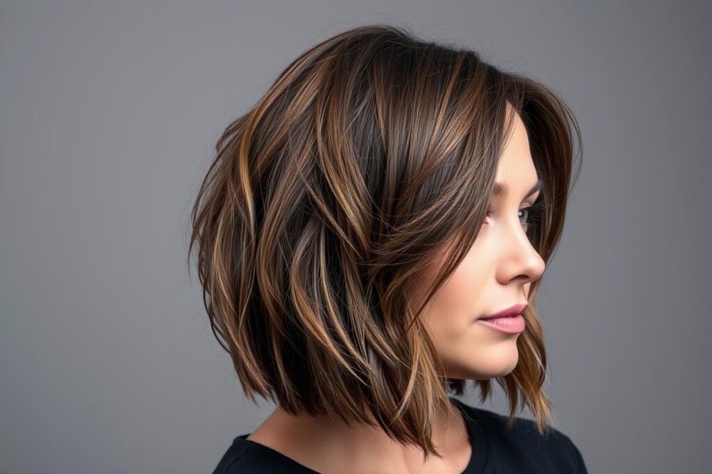 Woman with a textured bob cute medium length haircut featuring subtle layers and piece-y ends