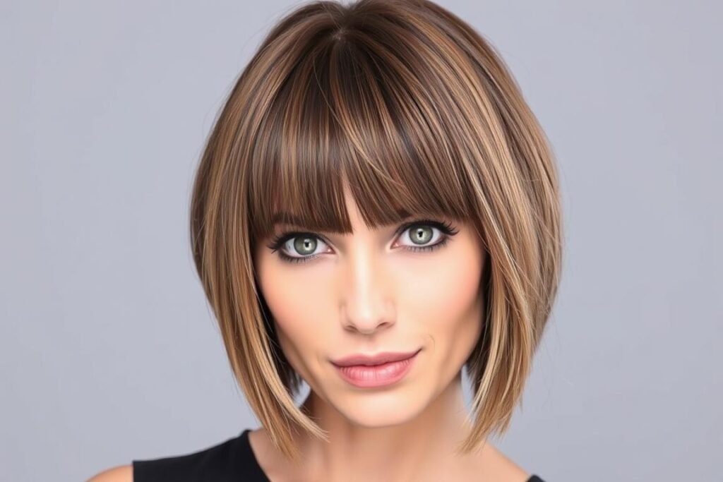 Woman with a textured bob haircut and full bangs Woman with a textured bob haircut and full bangs
