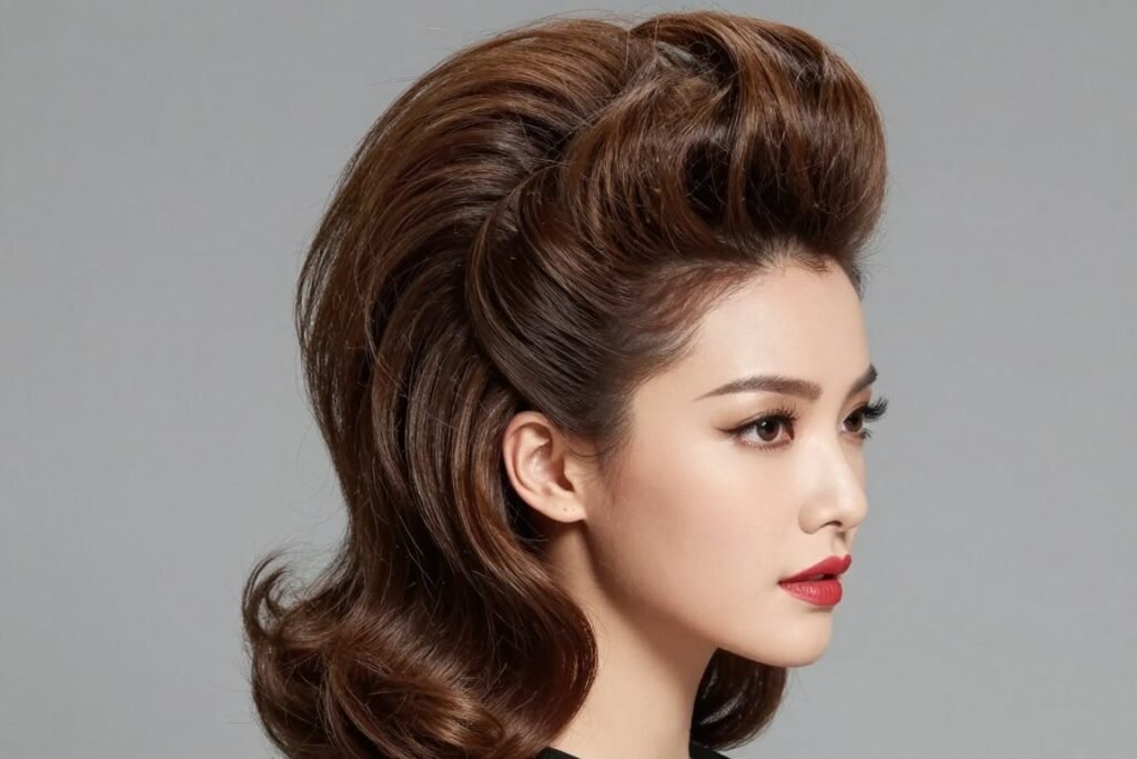 Woman with a voluminous half up bouffant hairstyle