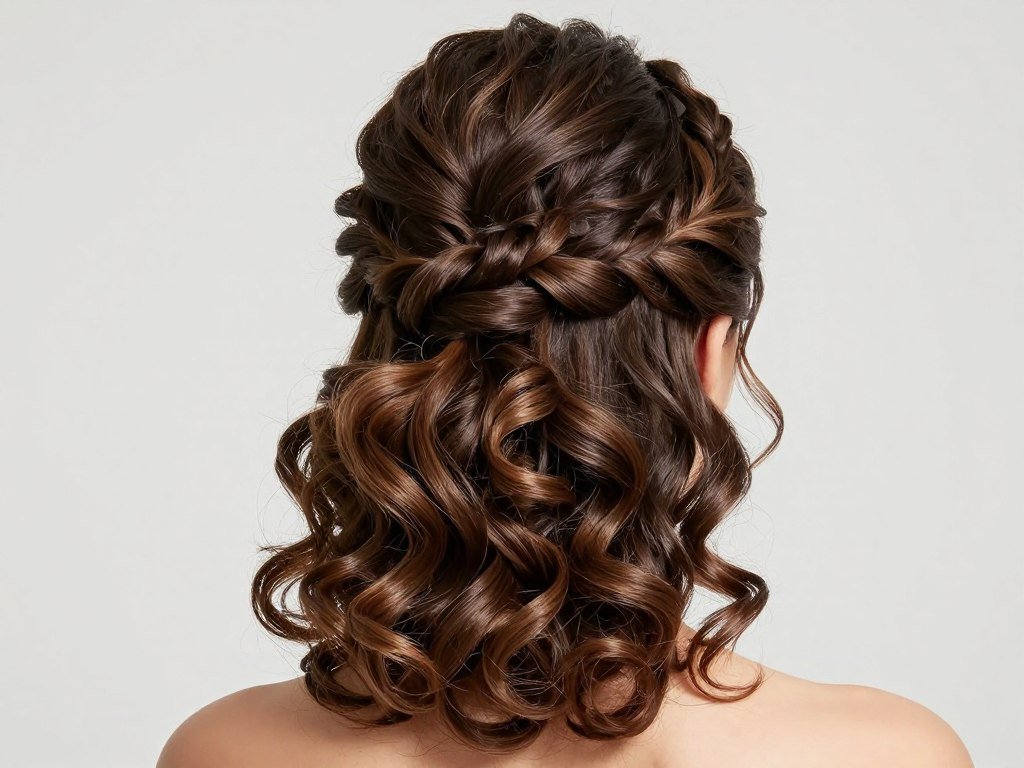 Woman with a voluminous twisted half up half down hairstyle showing height at the crown Woman with a voluminous twisted half up half down hairstyle showing height at the crown