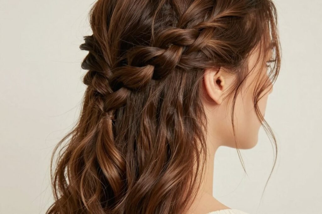 Woman with a waterfall braid half up half down hairstyle