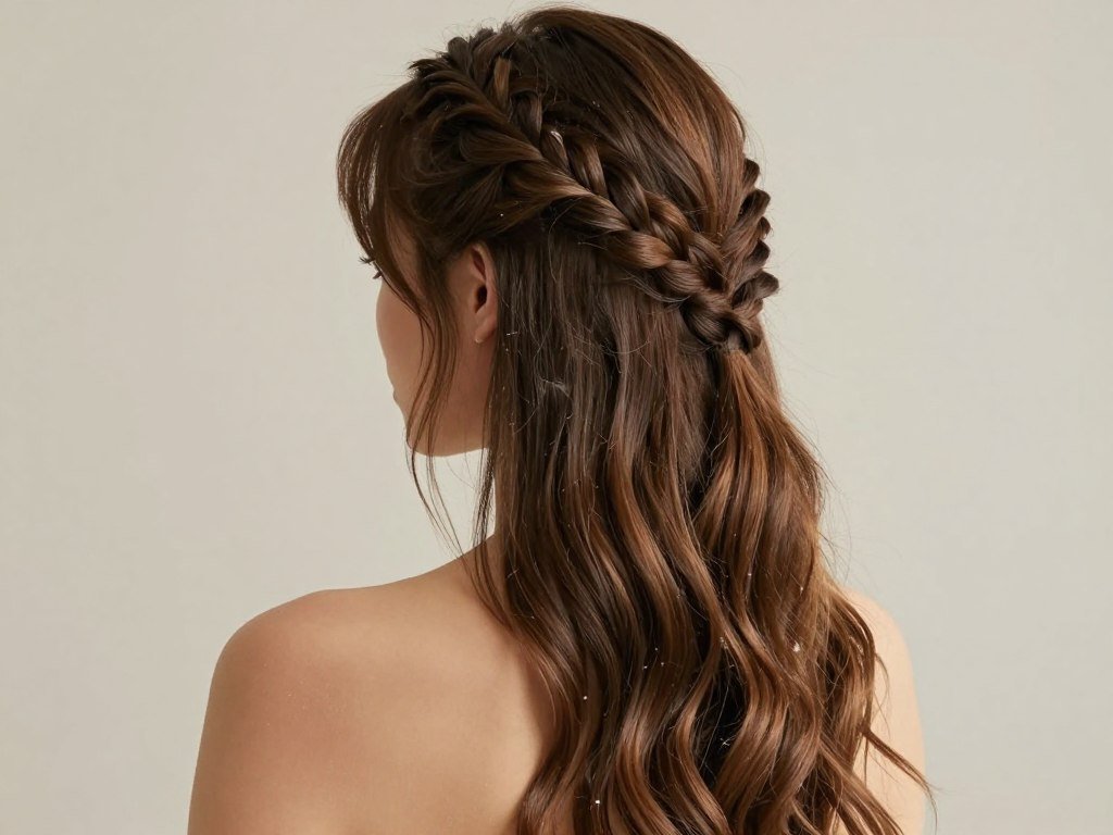 Woman with a waterfall braid half-up half-down hairstyle showing cascading effect Woman with a waterfall braid half-up half-down hairstyle showing cascading effect