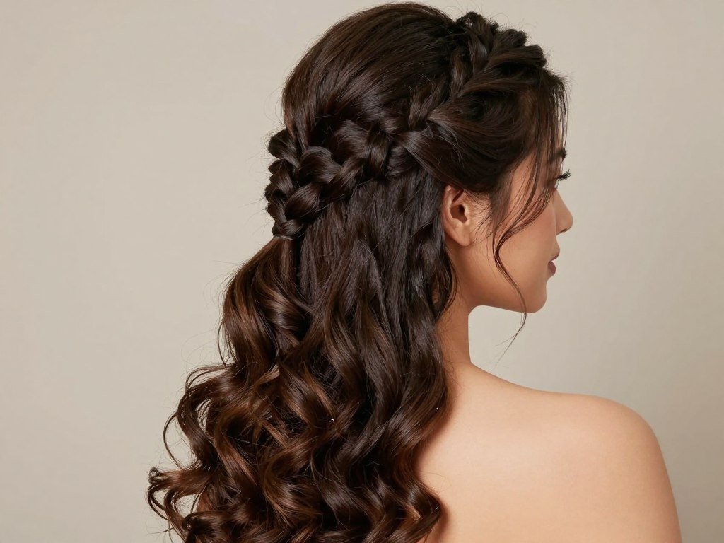 Woman with a waterfall braid half up half down hairstyle showing cascading strands Woman with a waterfall braid half up half down hairstyle showing cascading strands