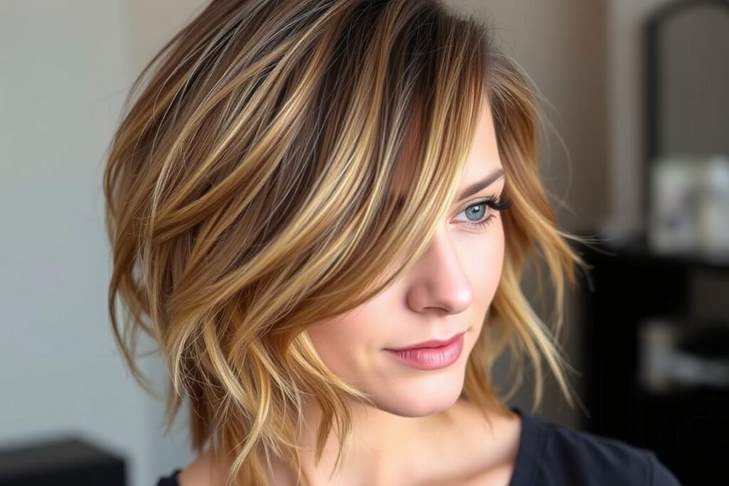 Woman with a wispy layered cute medium length haircut featuring soft, feathered ends