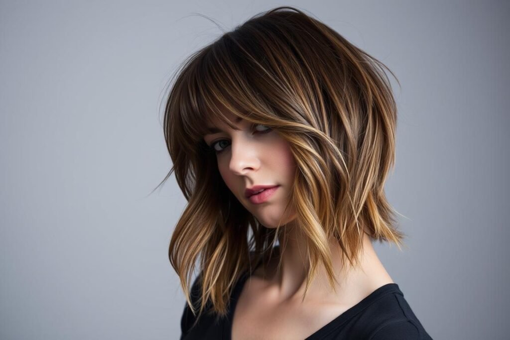 Woman with a wolf cut cute medium length haircut featuring shaggy layers and curtain bangs