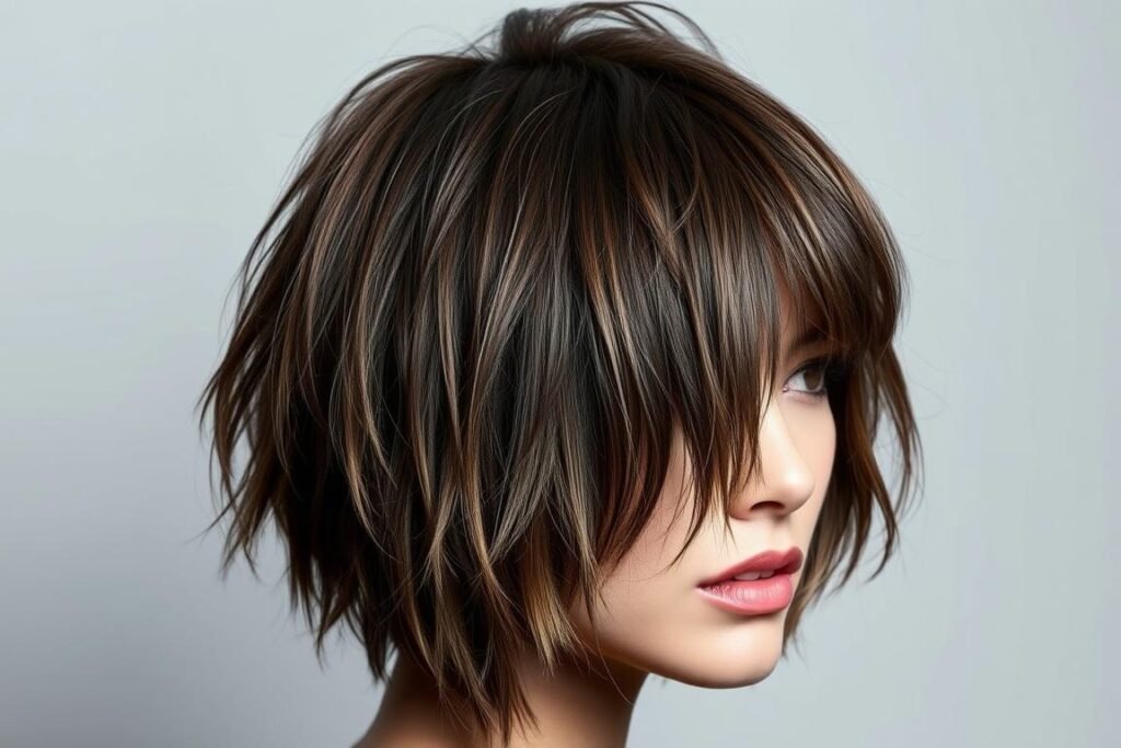 Woman with a wolf cut featuring choppy layers and a shaggy fringe Woman with a wolf cut featuring choppy layers and a shaggy fringe