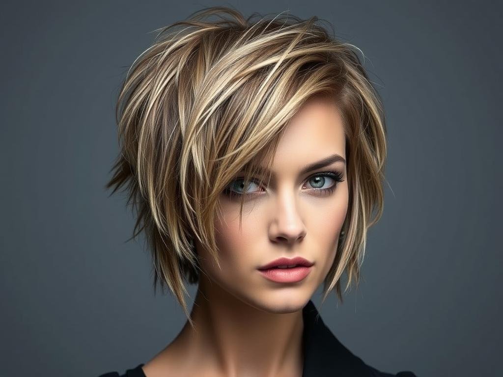 Woman with a wolf cut haircut, shorter on top with longer layers Woman with a wolf cut haircut, shorter on top with longer layers