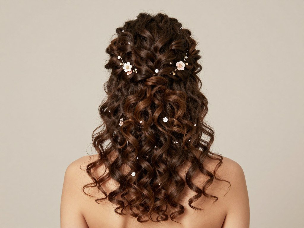 Woman with accessorized half up half down curly hair showing decorative pins