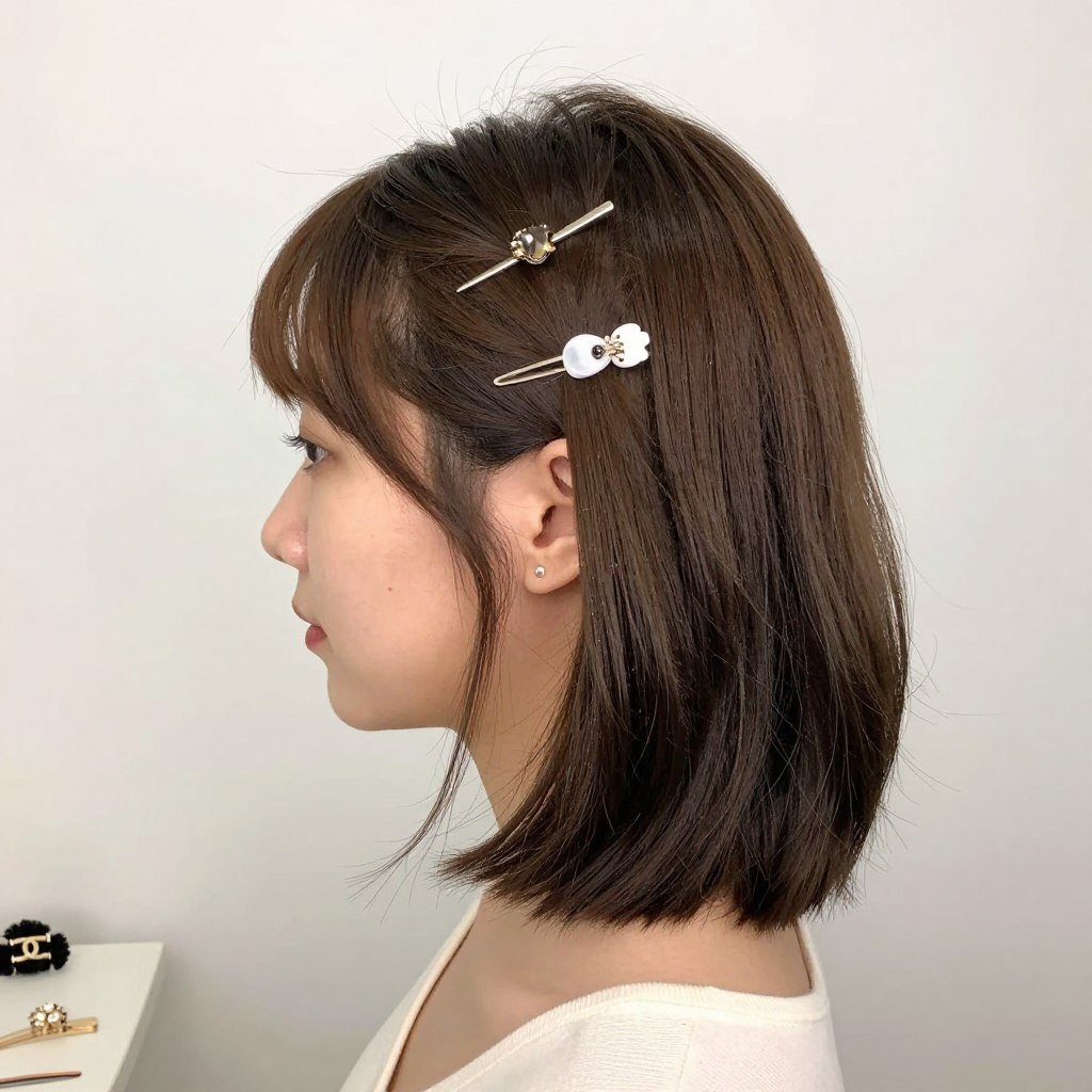 Woman with accessorized half up style on short bob Woman with accessorized half up style on short bob