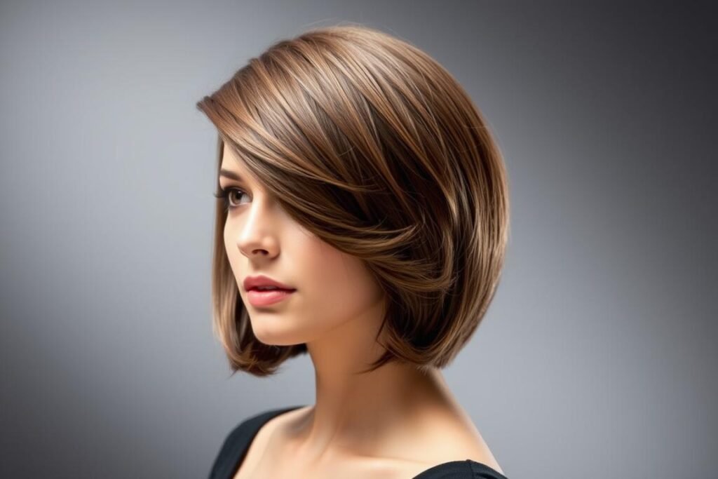 Woman with an Italian bob featuring volume at the crown and inward-curving ends Woman with an Italian bob featuring volume at the crown and inward-curving ends