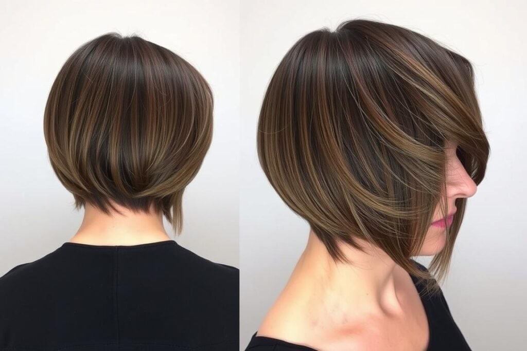 Woman with an angled bob cute medium length haircut featuring subtle layers and a graduated shape