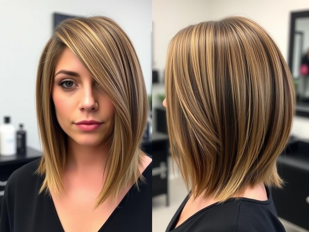 Woman with an asymmetrical medium-length haircut and long side bangs