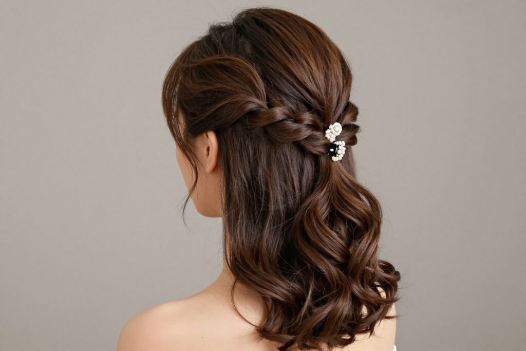 Woman with an elegant twisted half up half down hairstyle for formal occasions