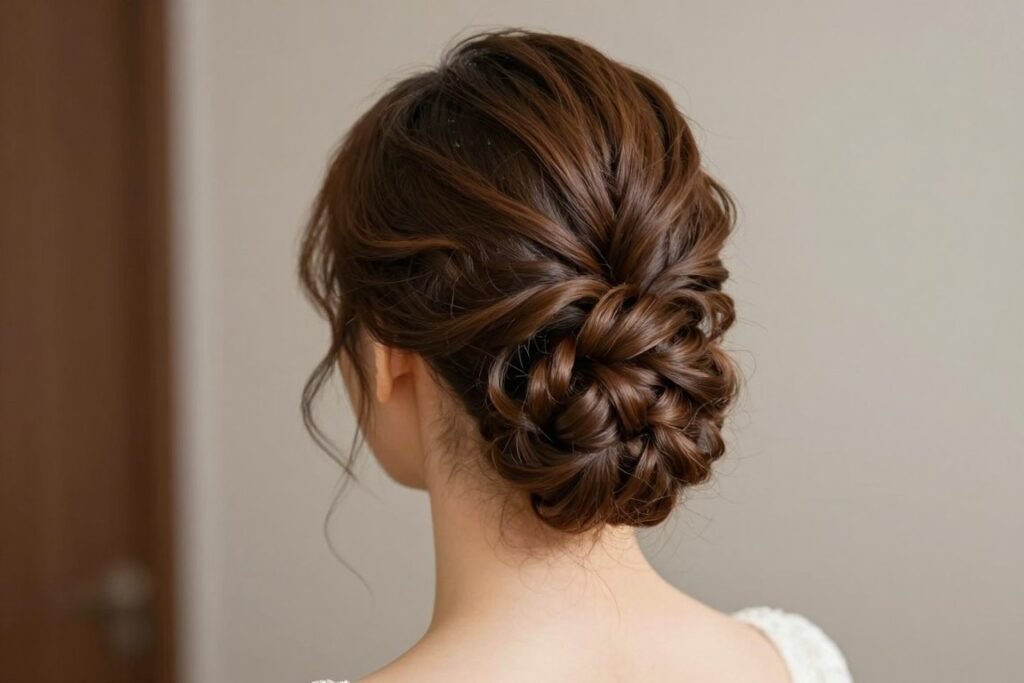 Woman with an elegant twisted rose bun half up half down hairstyle