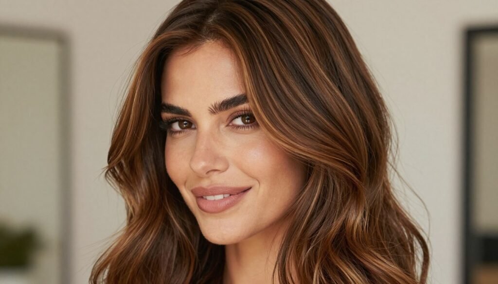 Woman with beautiful caramel highlights on brown hair looking confident Woman with beautiful caramel highlights on brown hair looking confident