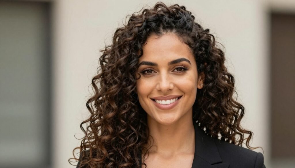 Woman with beautiful curly half up half down hairstyle smiling confidently Woman with beautiful curly half up half down hairstyle smiling confidently