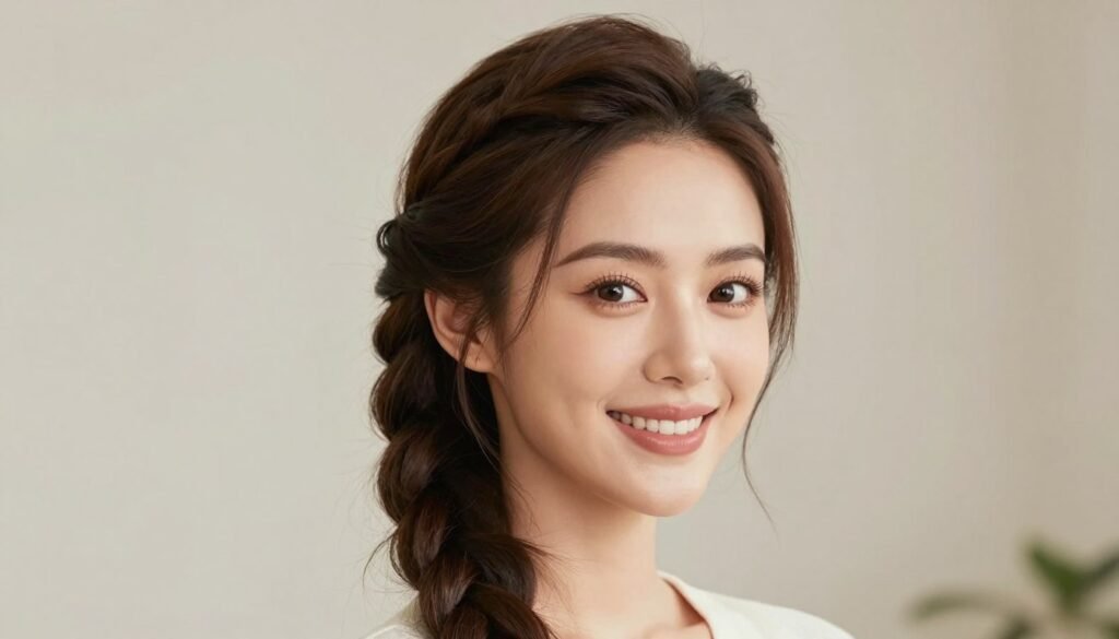 Woman with beautiful half up half down braid hairstyle smiling confidently