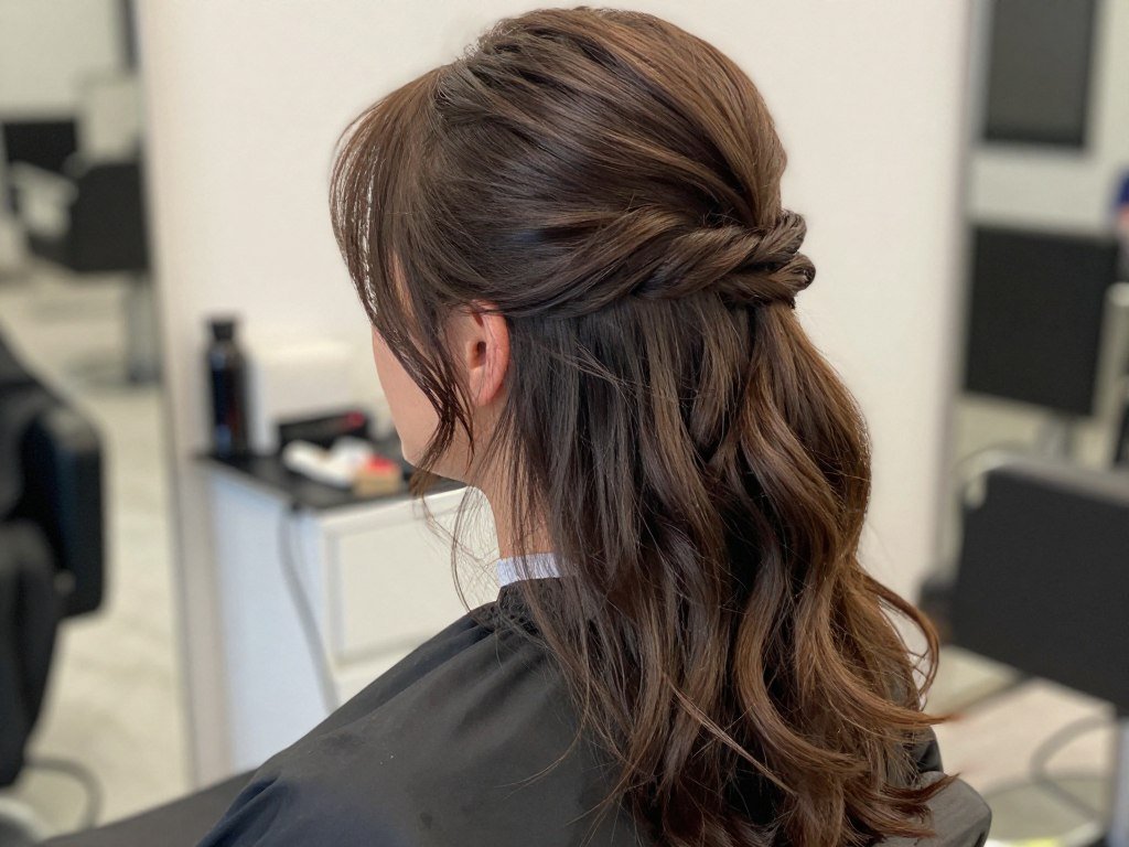 Woman with beautiful half up half down hairstyle showing the versatility of the style